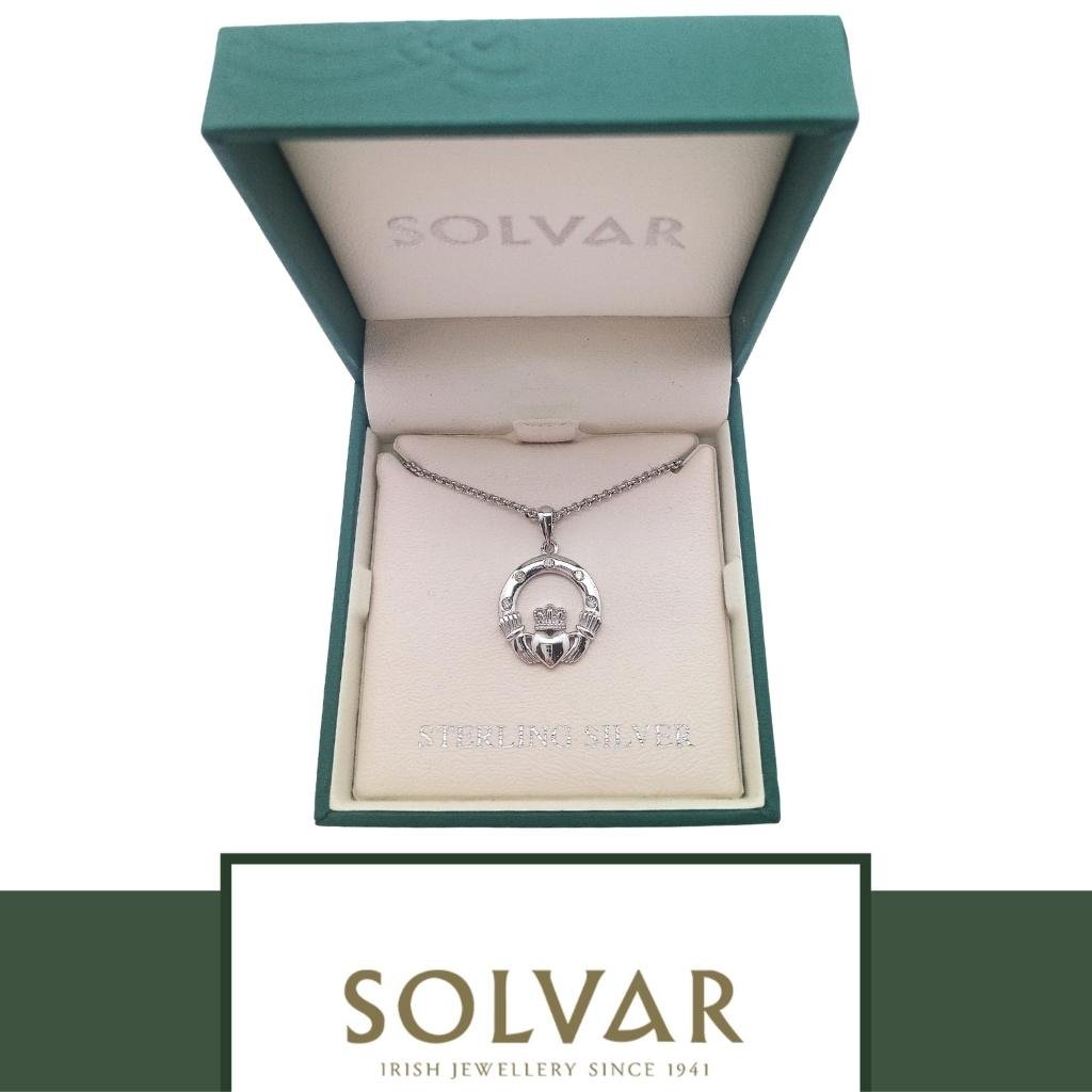 Sterling Silver Claddagh Necklace With Flush Set CZ