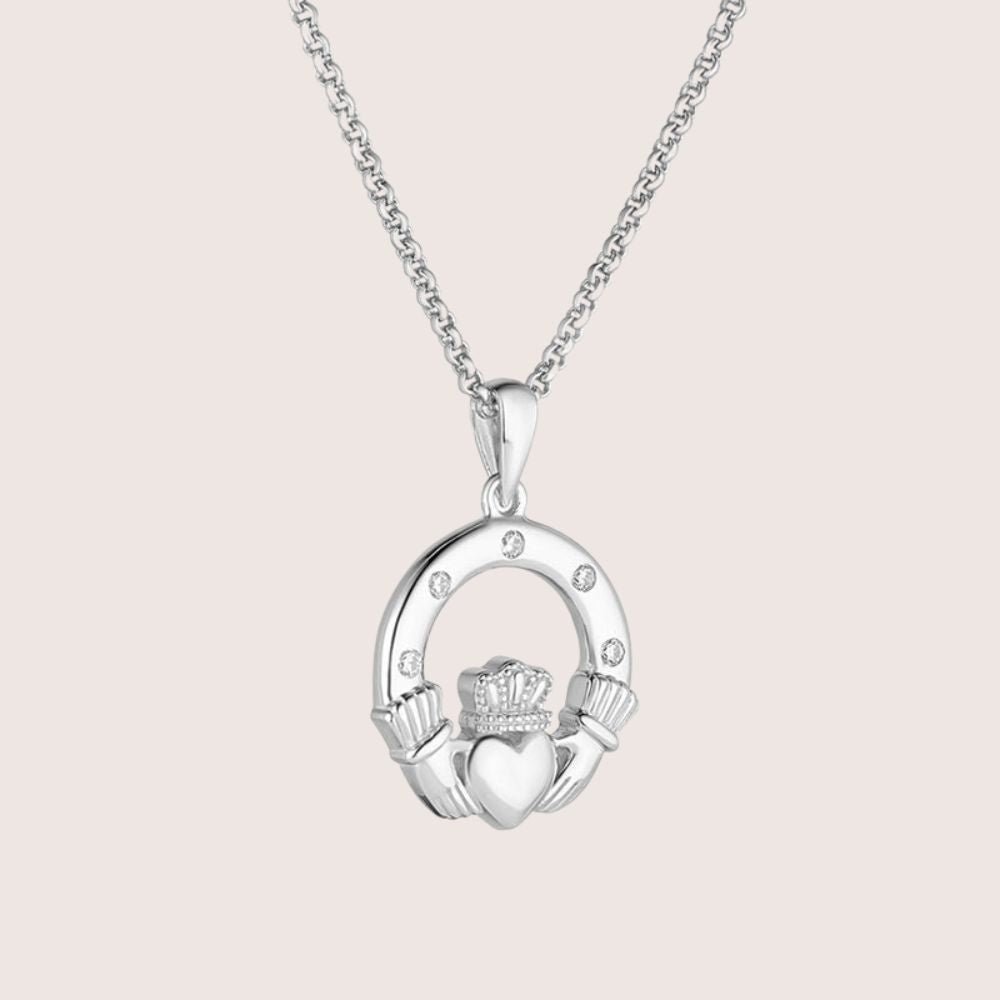 Sterling Silver Claddagh Necklace With Flush Set CZ