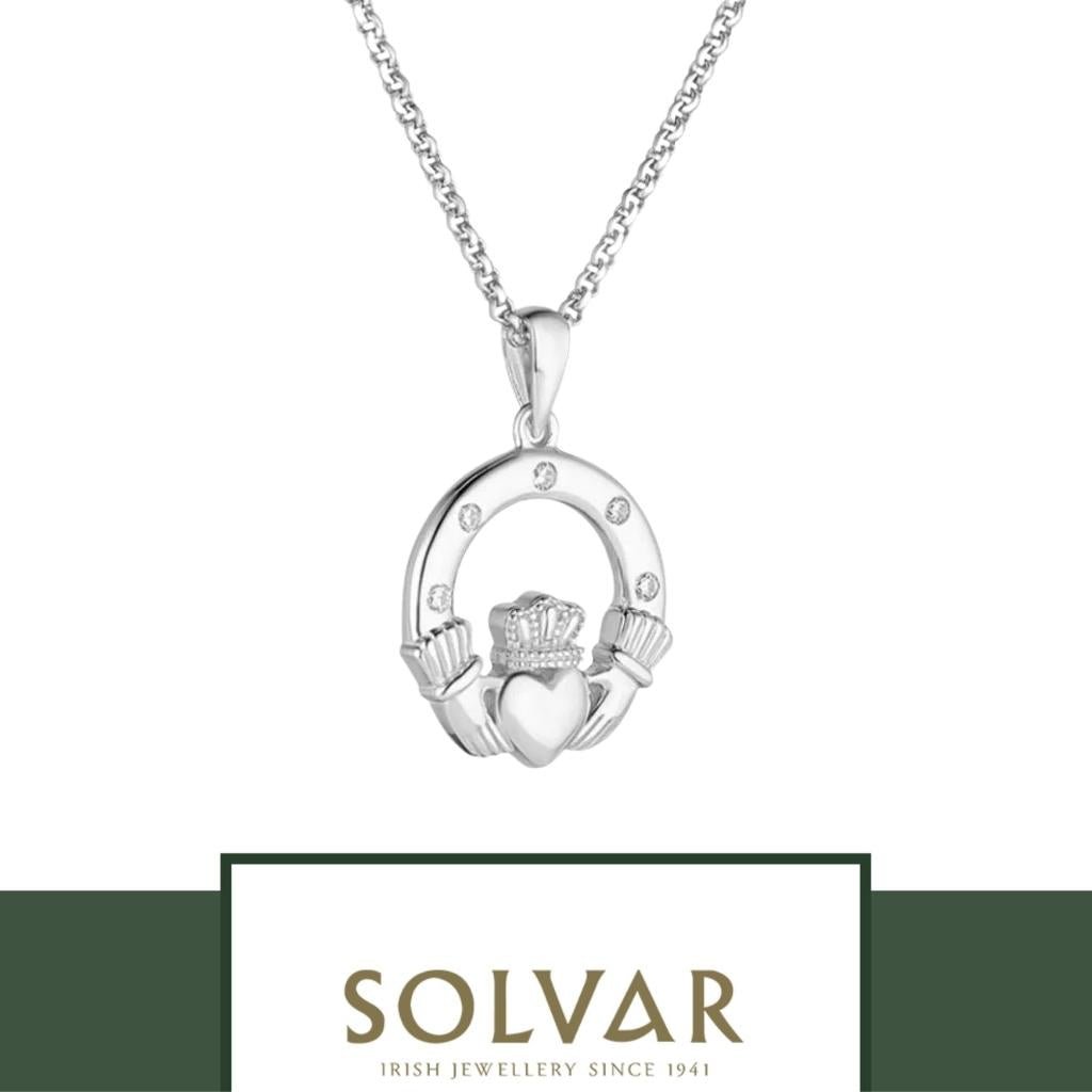 Sterling Silver Claddagh Necklace With Flush Set CZ