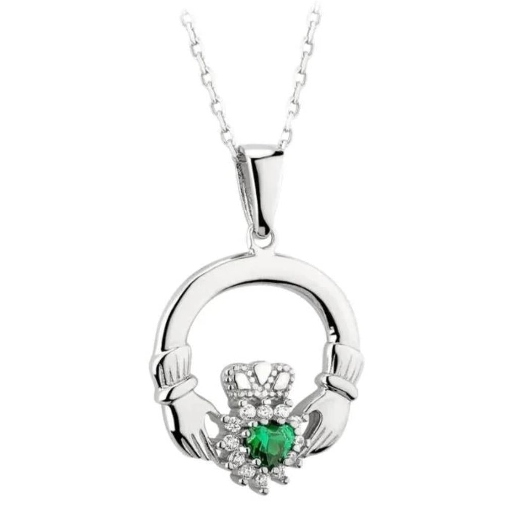 Sterling Silver Claddagh Necklace With Green Crystal Heart