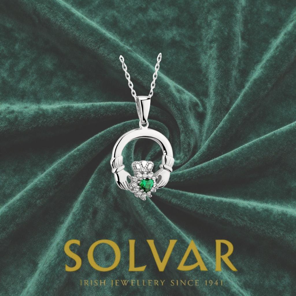 Sterling Silver Claddagh Necklace With Green Crystal Heart