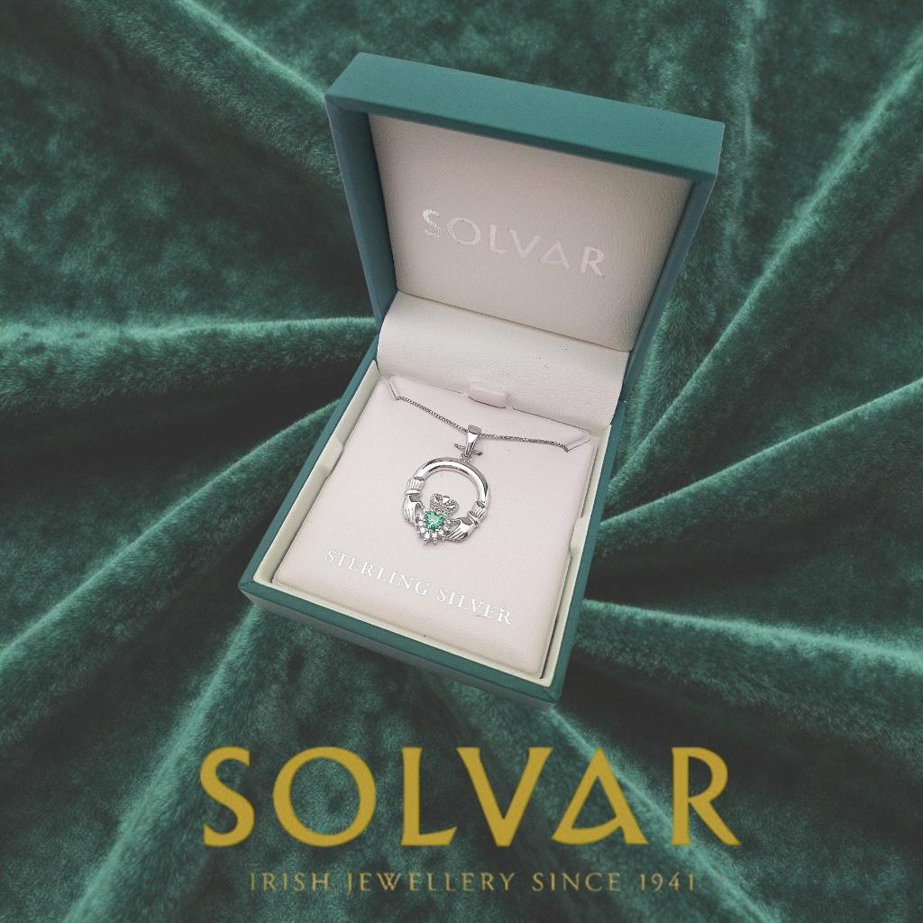 Sterling Silver Claddagh Necklace With Green Crystal Heart