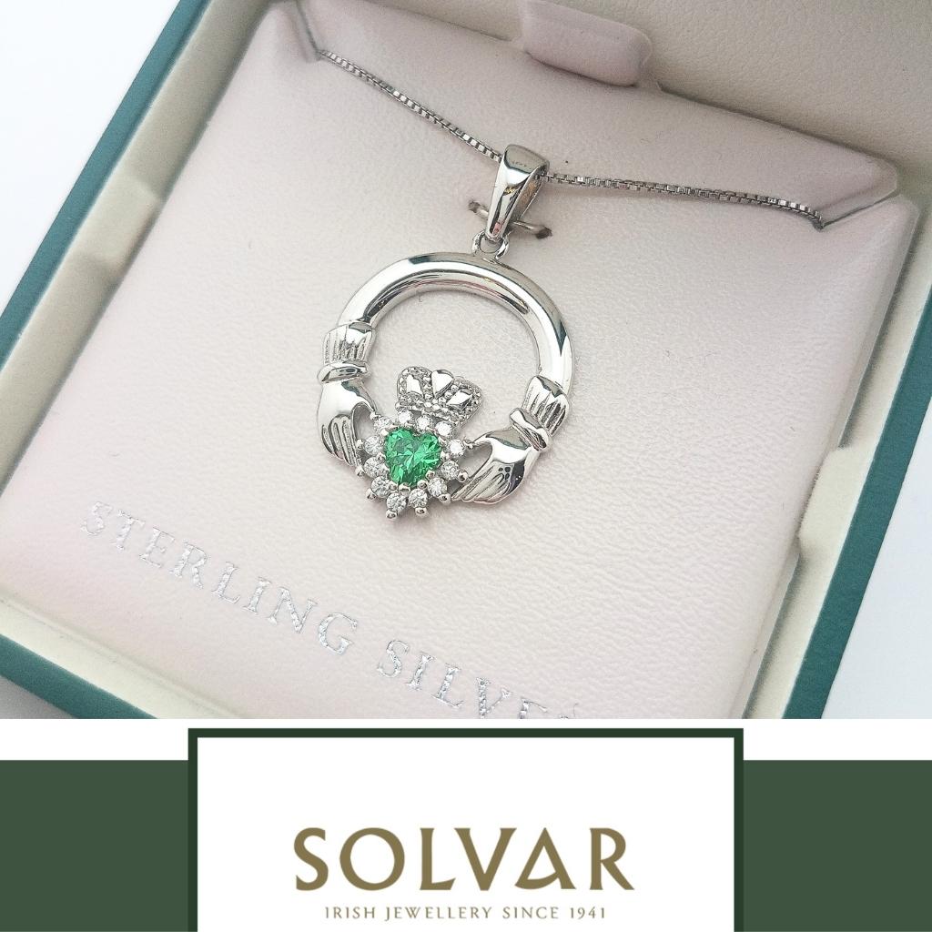 Sterling Silver Claddagh Necklace With Green Crystal Heart