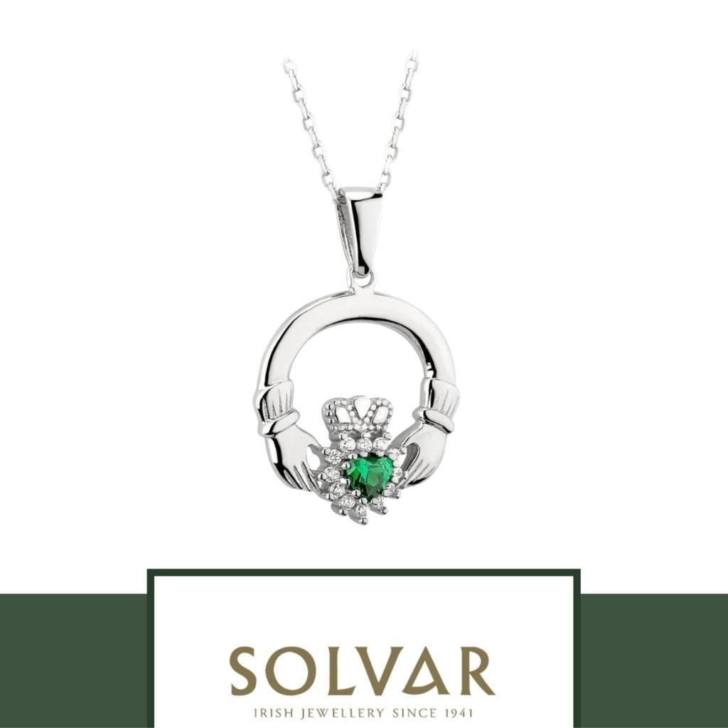 Sterling Silver Claddagh Necklace With Green Crystal Heart