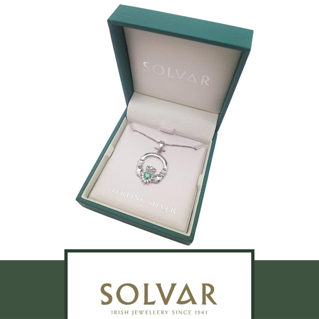 Sterling Silver Claddagh Necklace With Green Crystal Heart