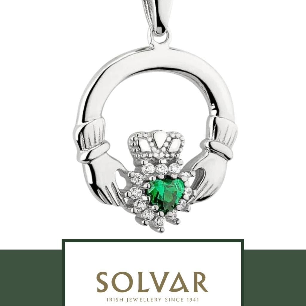 Sterling Silver Claddagh Necklace With Green Crystal Heart