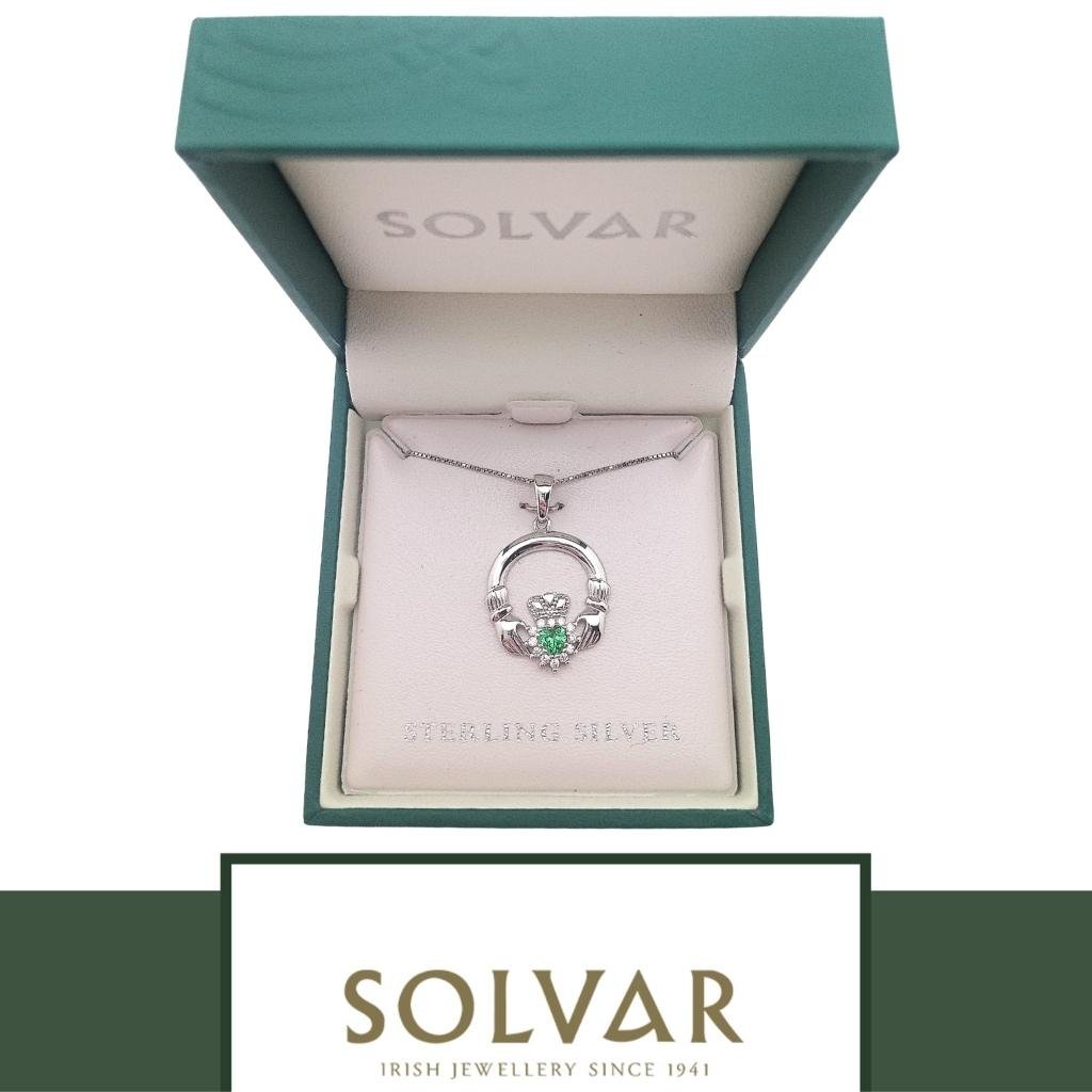 Sterling Silver Claddagh Necklace With Green Crystal Heart