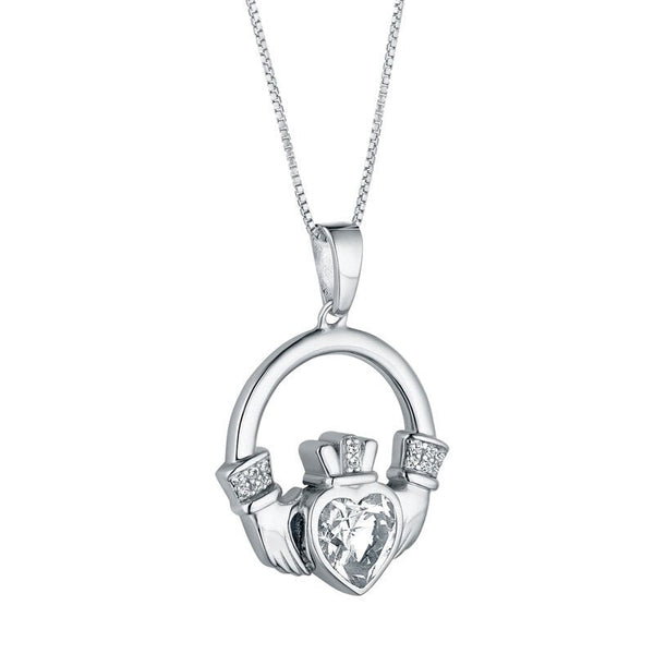 Sterling Silver Claddagh Necklace with Large CZ Heart - The Celtic Gift Store - Necklaces