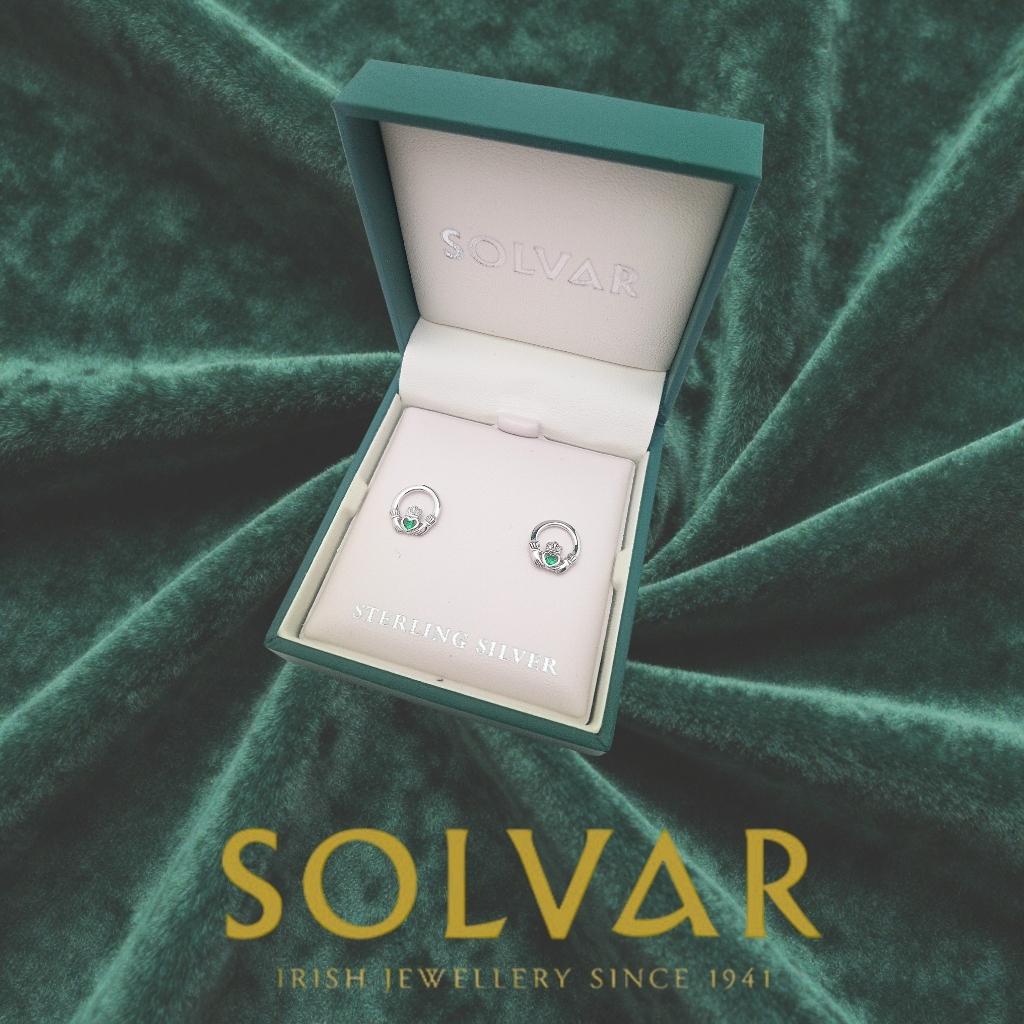 Sterling Silver Claddagh Stud Earrings with Green Crystals