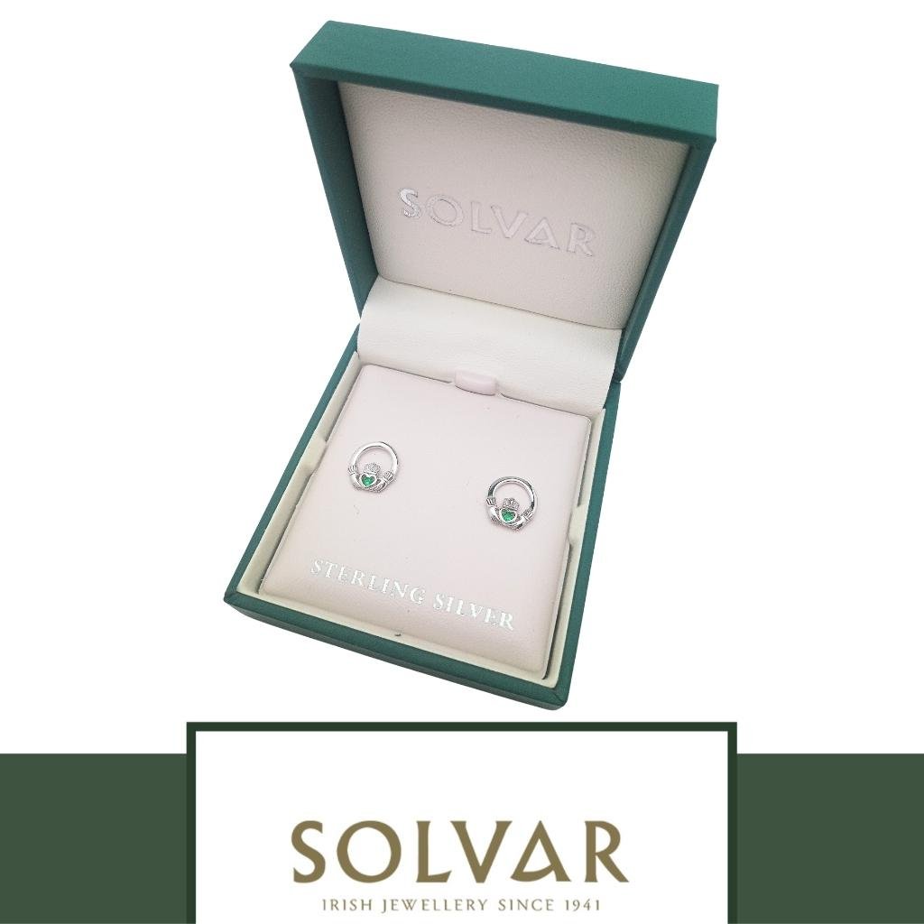 Sterling Silver Claddagh Stud Earrings with Green Crystals