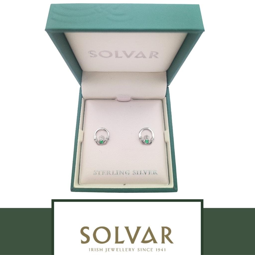 Sterling Silver Claddagh Stud Earrings with Green Crystals