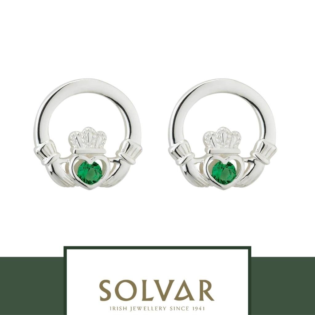 Sterling Silver Claddagh Stud Earrings with Green Crystals