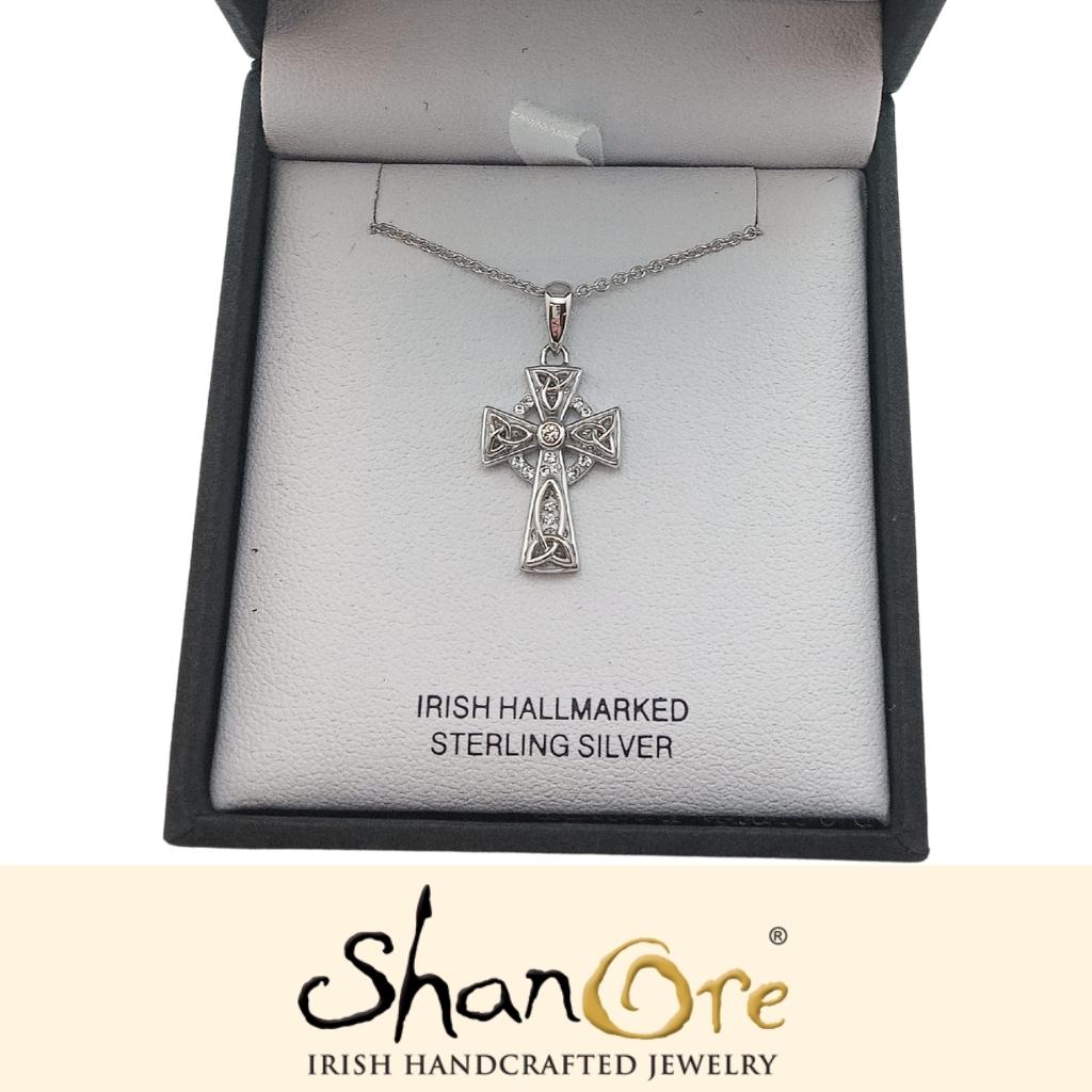 Sterling Silver Clear Crystal Adorned Celtic Cross Necklace