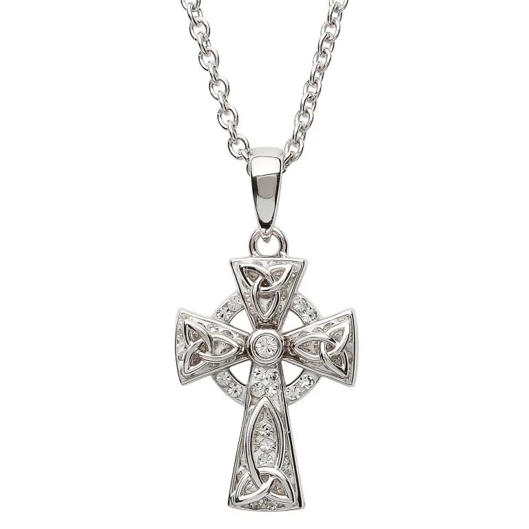 Sterling Silver Clear Crystal Adorned Celtic Cross Necklace - The Celtic Gift Store - Necklaces