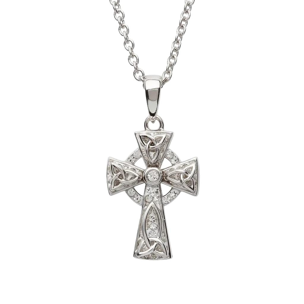 Sterling Silver Clear Crystal Adorned Celtic Cross Necklace