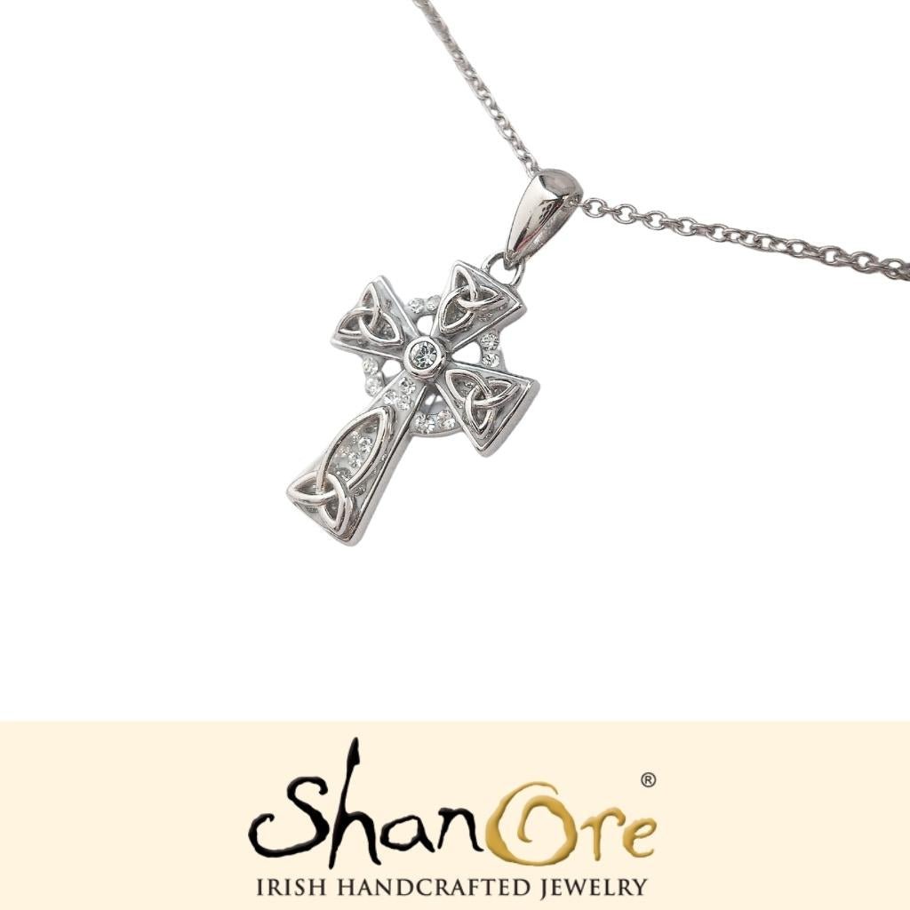 Sterling Silver Clear Crystal Adorned Celtic Cross Necklace