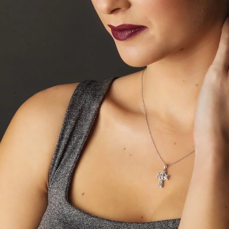 Sterling Silver Clear Crystal Adorned Celtic Cross Necklace - The Celtic Gift Store - Necklaces