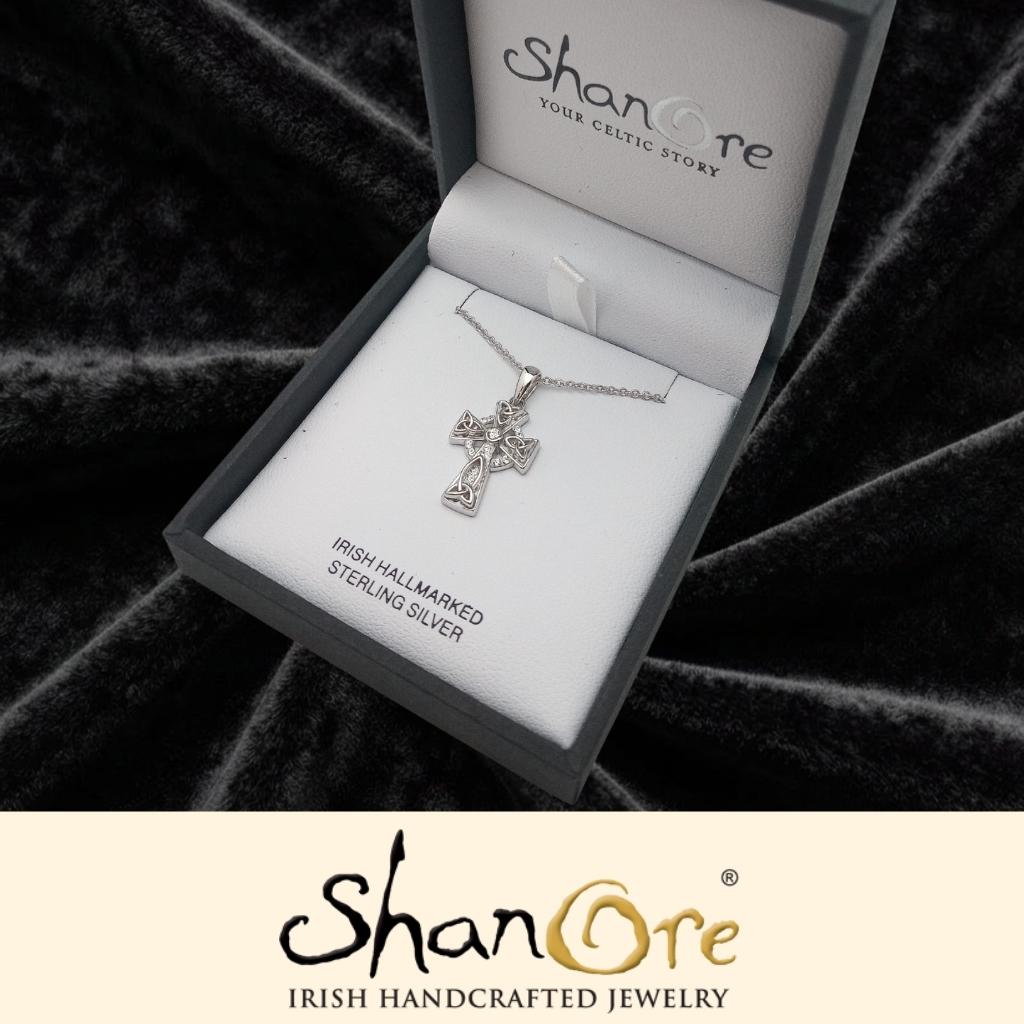 Sterling Silver Clear Crystal Adorned Celtic Cross Necklace