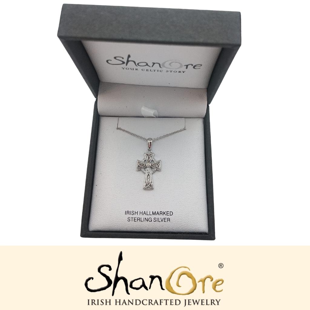 Sterling Silver Clear Crystal Adorned Celtic Cross Necklace