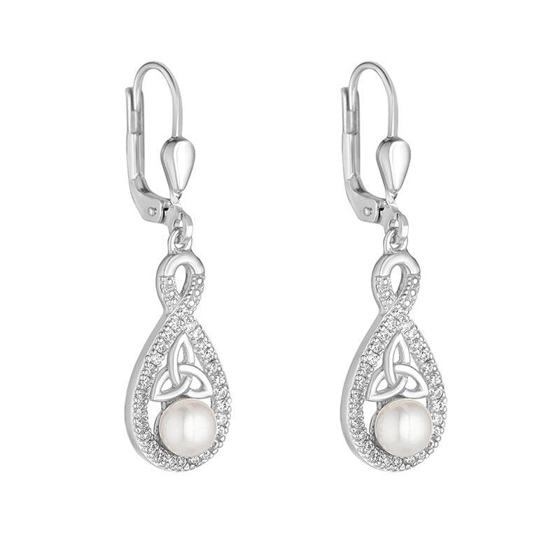 Sterling Silver Crystal & Pearl Twisted Trinity Knot Earrings - The Celtic Gift Store - Earrings