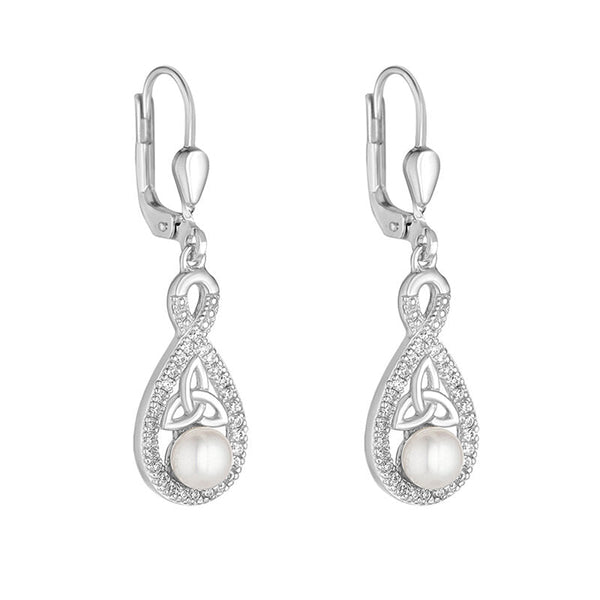 Sterling Silver Crystal & Pearl Twisted Trinity Knot Earrings - The Celtic Gift Store - Earrings