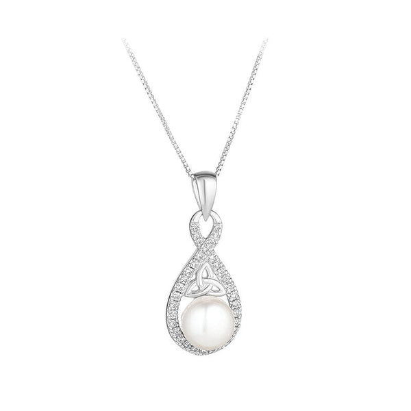 Sterling Silver Crystal & Pearl Twisted Trinity Knot Necklace - The Celtic Gift Store - Necklaces