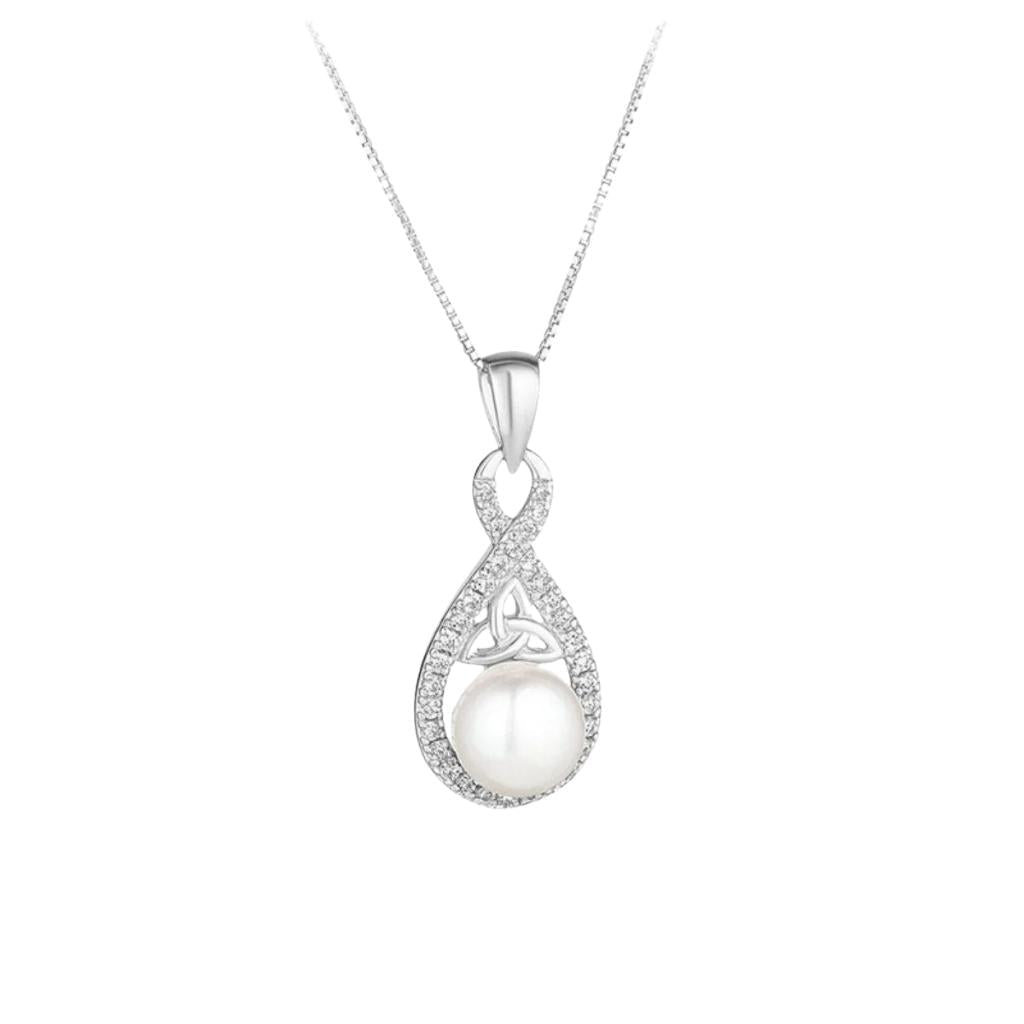 Sterling Silver Crystal & Pearl Twisted Trinity Knot Necklace
