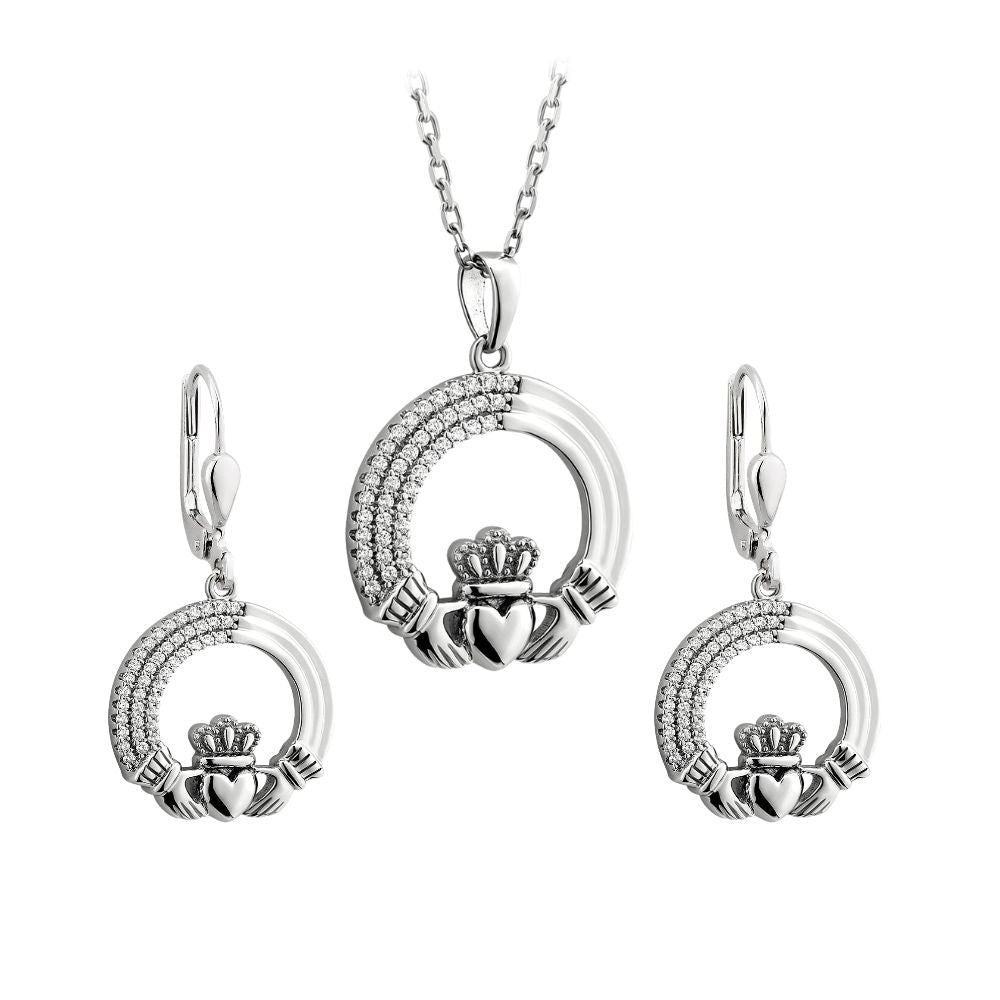 Sterling Silver Crystal Triple Line Claddagh Earrings