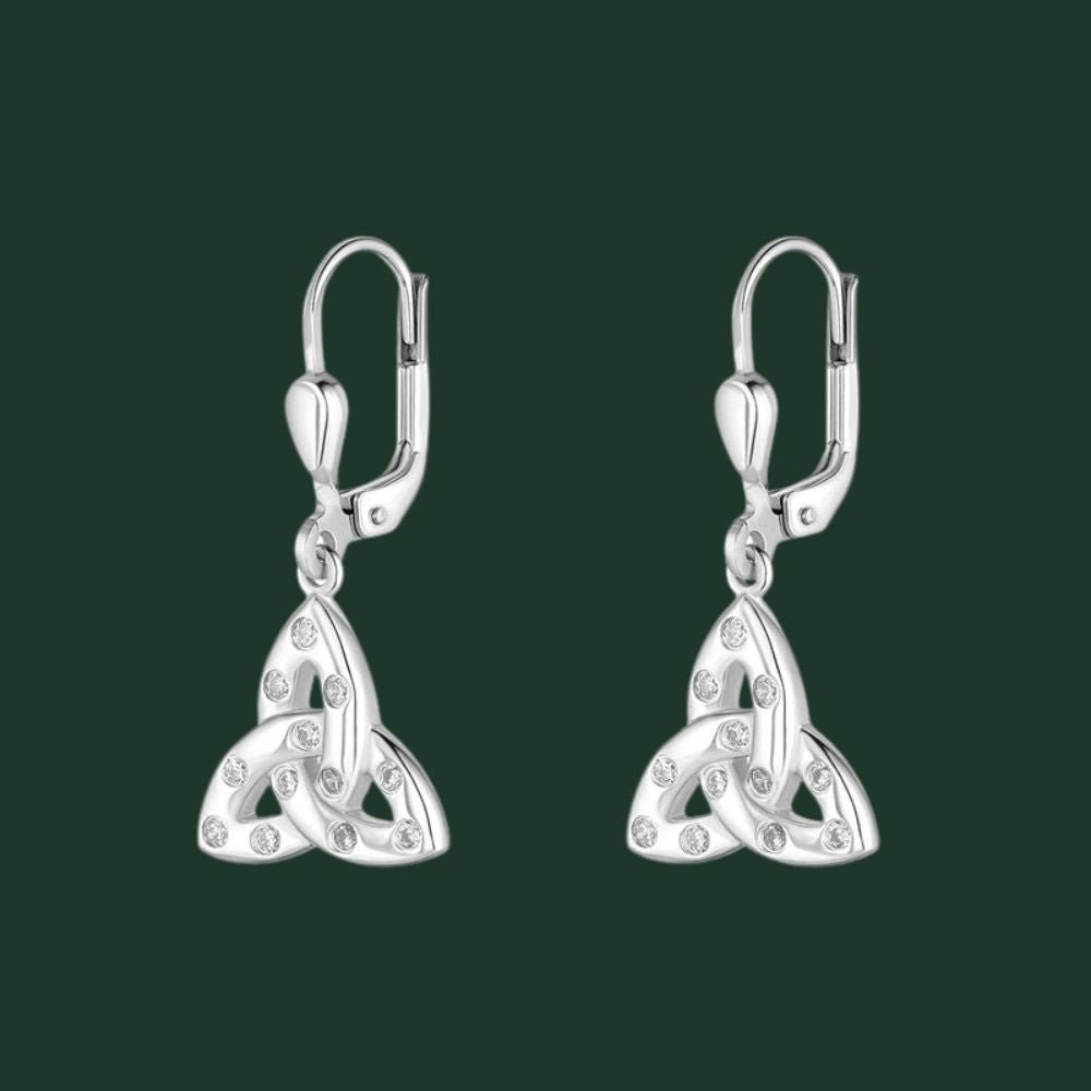 Sterling Silver Flush Set CZ Trinity Knot Drop Earrings