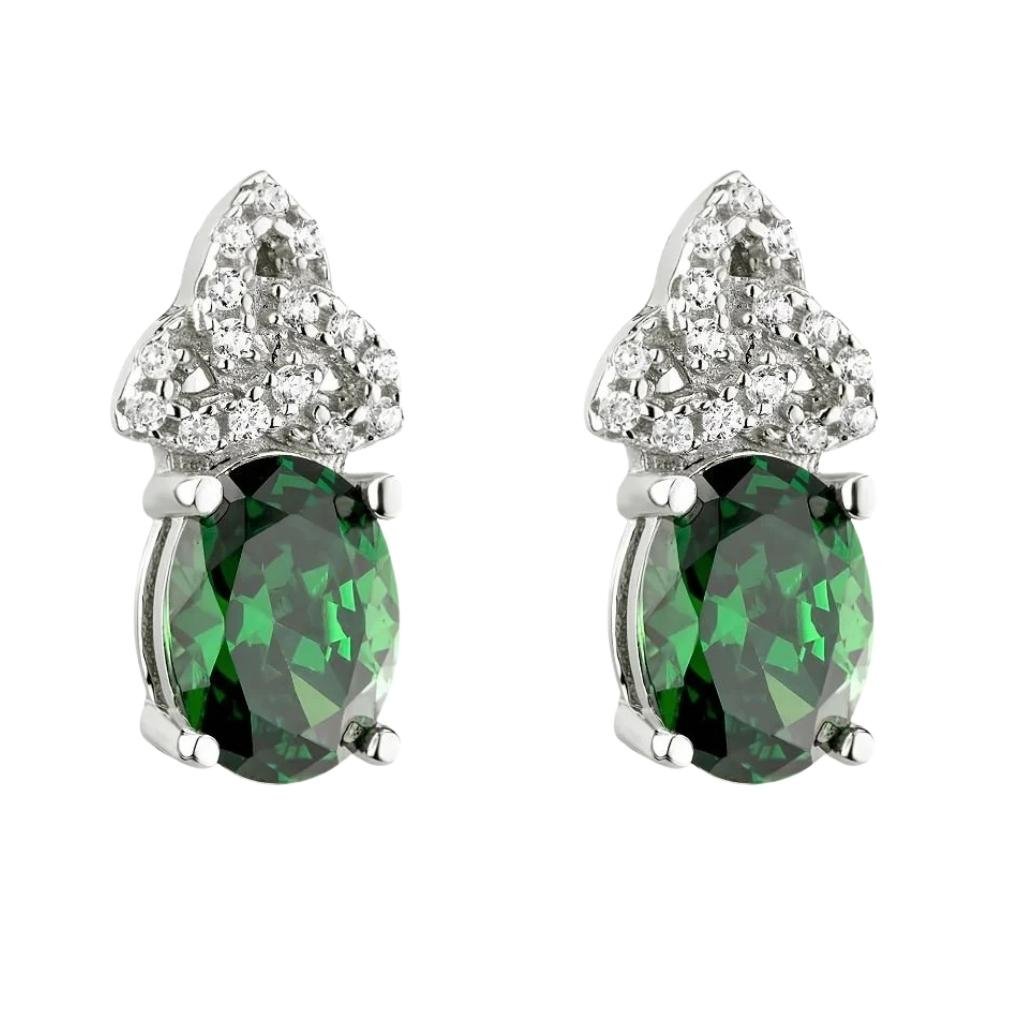 Sterling Silver Green and Clear CZ Trinity Knot Stud Earrings