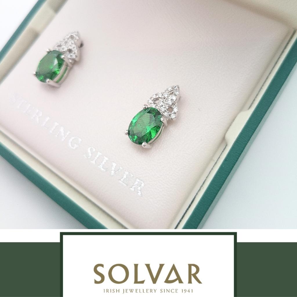 Sterling Silver Green and Clear CZ Trinity Knot Stud Earrings