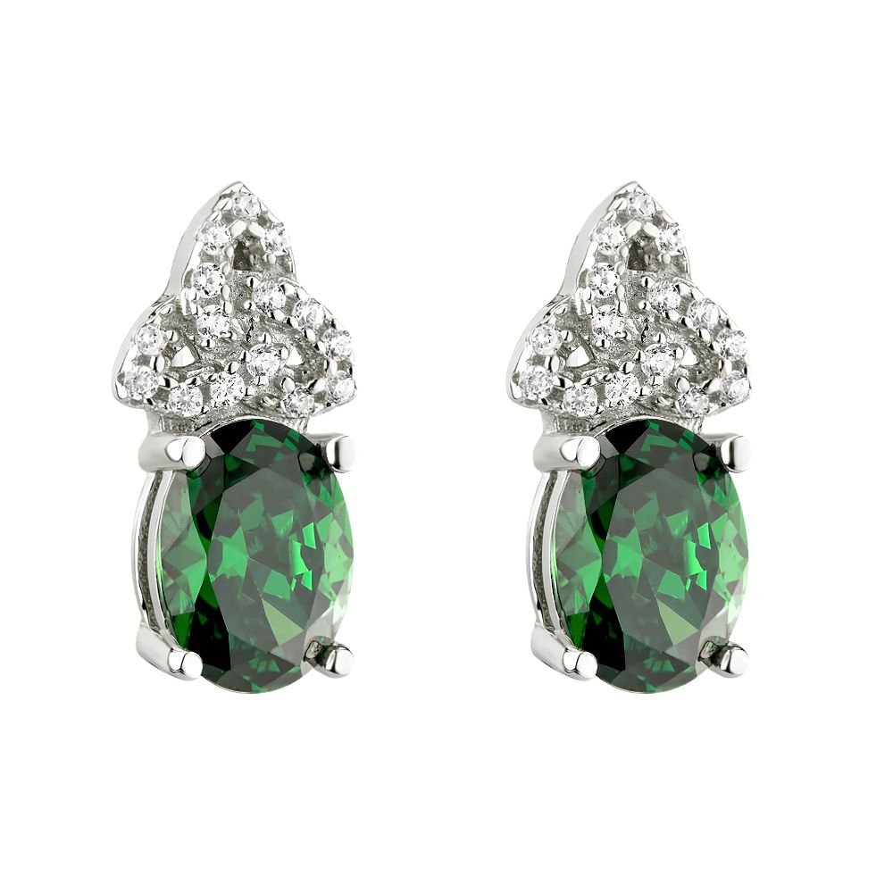 Sterling Silver Green and Clear CZ Trinity Knot Stud Earrings - The Celtic Gift Store - Earrings