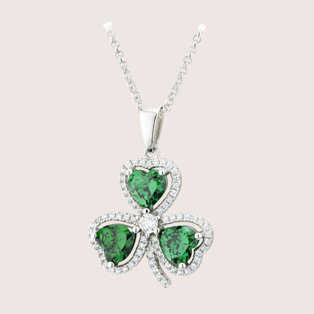 Sterling Silver Green and White Cubic Zirconia Shamrock Necklace