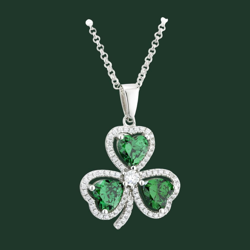 Sterling Silver Green and White Cubic Zirconia Shamrock Necklace