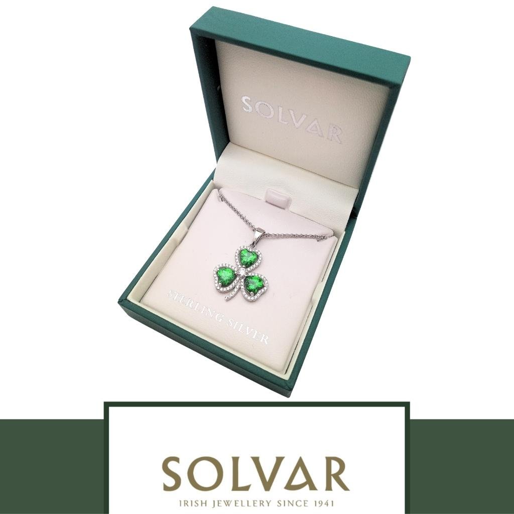 Sterling Silver Green and White Cubic Zirconia Shamrock Necklace