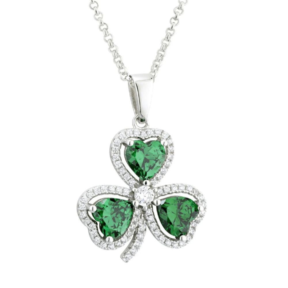 Sterling Silver Green and White Cubic Zirconia Shamrock Necklace
