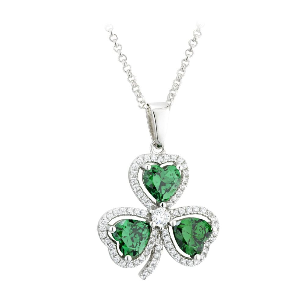 Sterling Silver Green and White Cubic Zirconia Shamrock Necklace