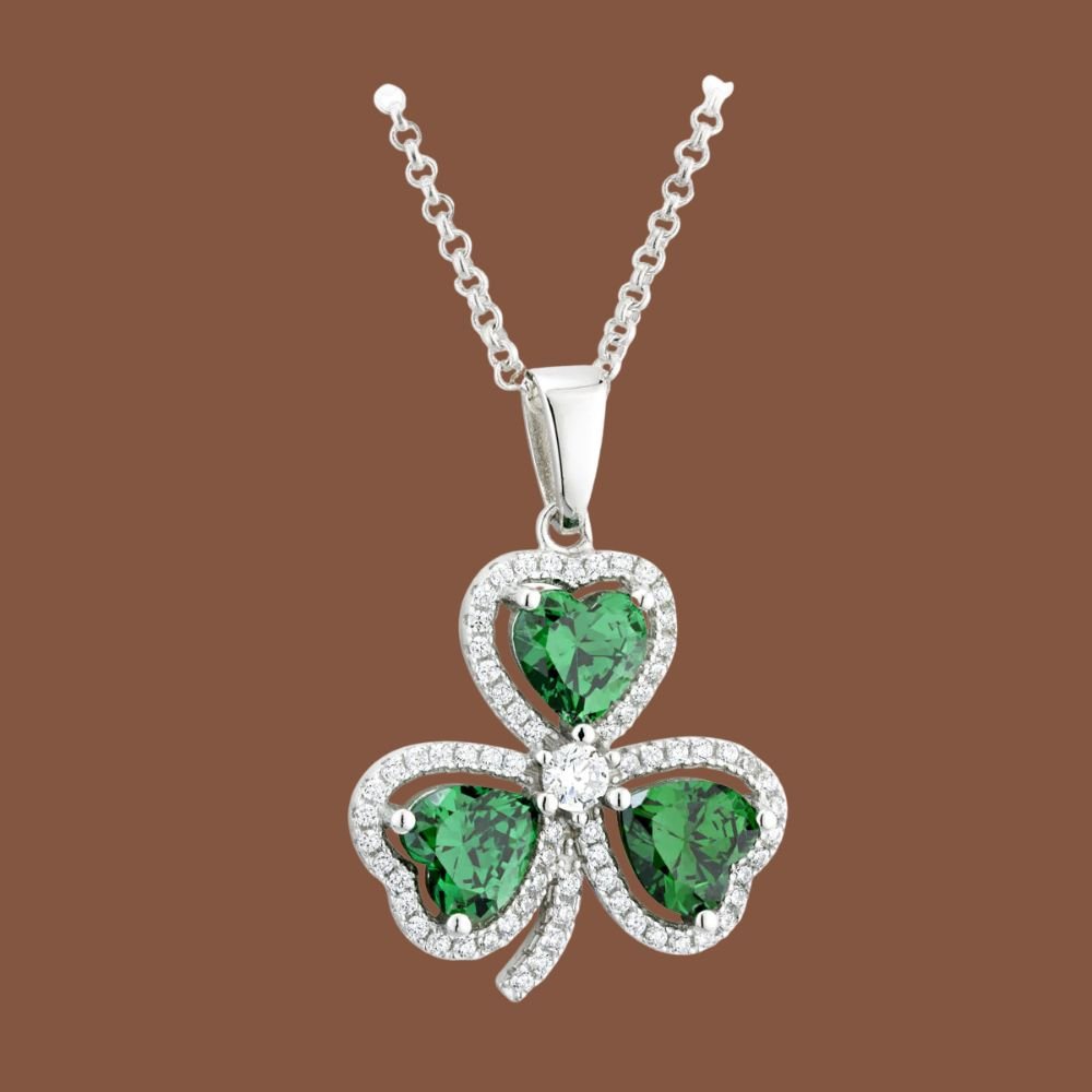 Sterling Silver Green and White Cubic Zirconia Shamrock Necklace