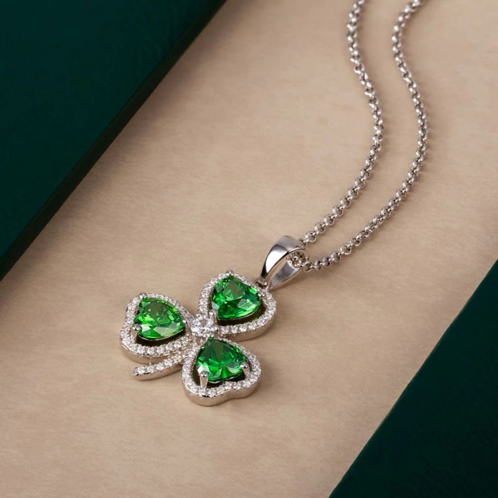 Sterling Silver Green and White Cubic Zirconia Shamrock Necklace