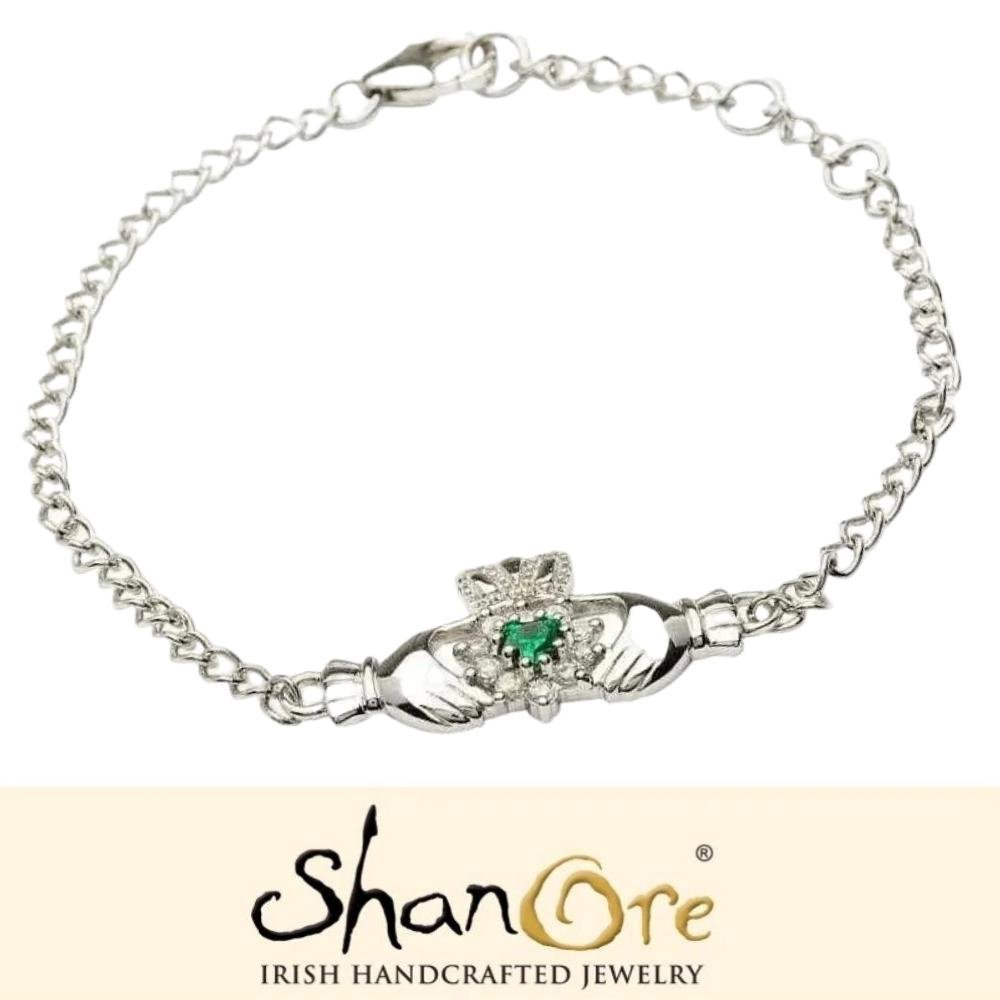 Sterling Silver Green Cubic Zirconia Claddagh Bracelet