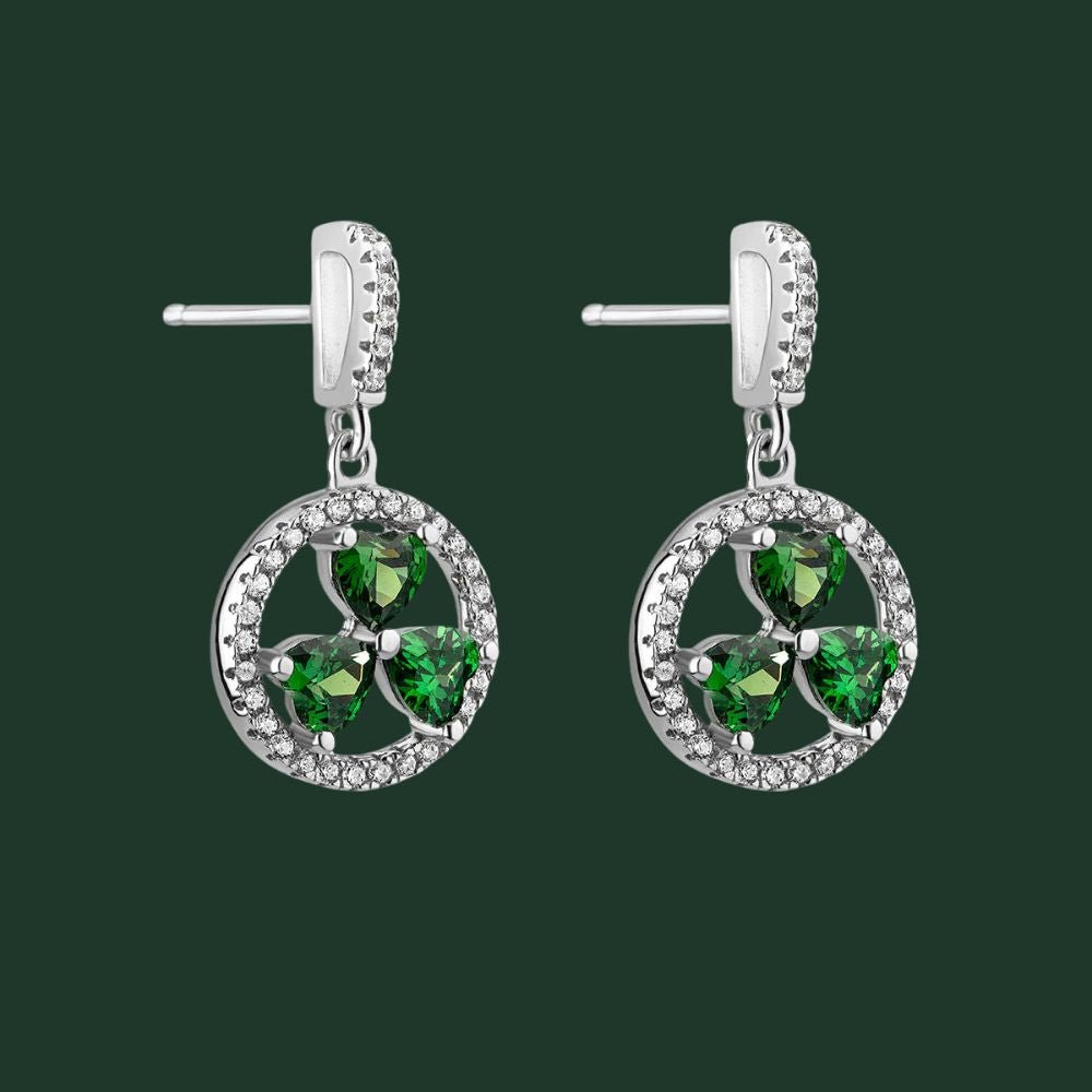 Sterling Silver Green Cubic Zirconia Shamrock Drop Earrings