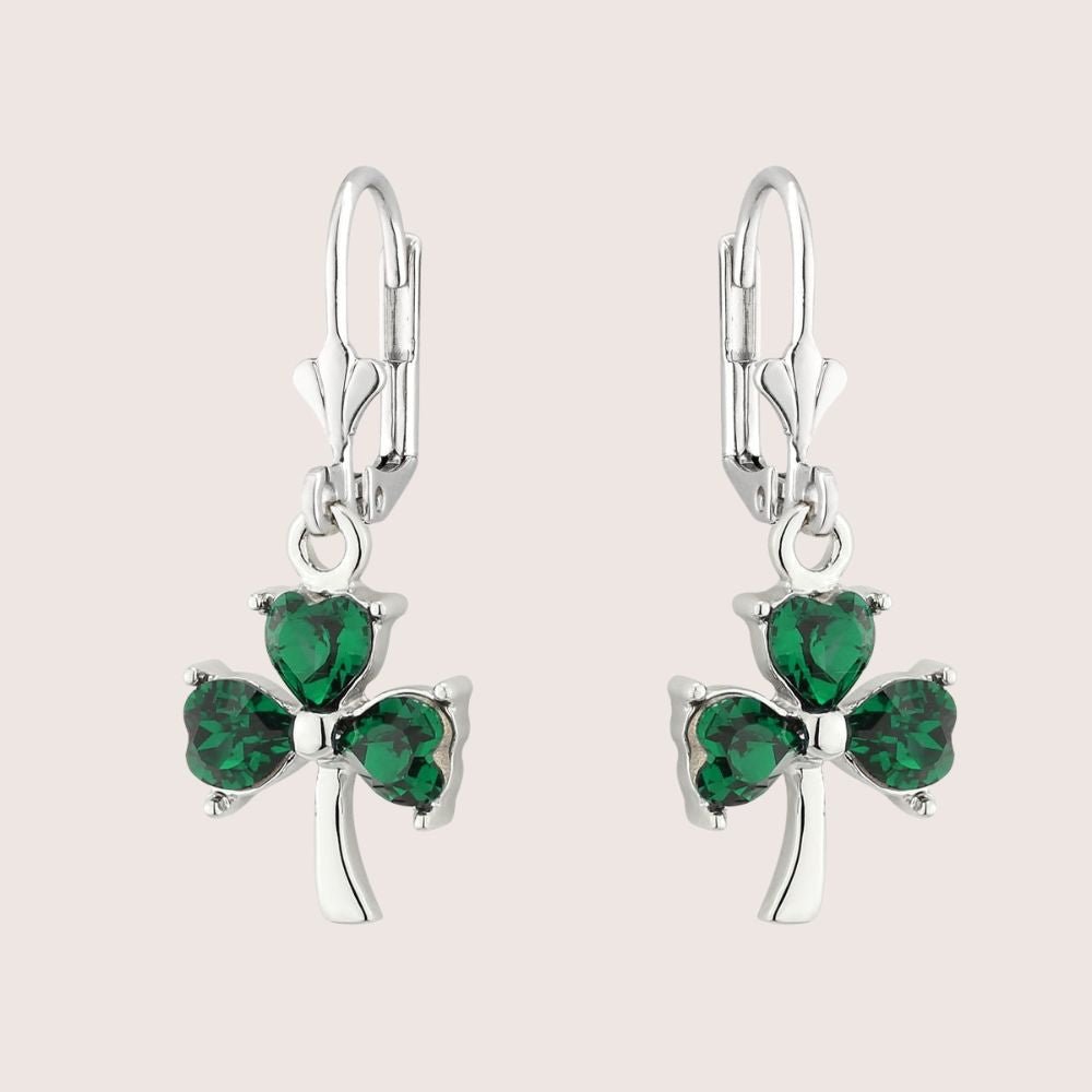 Sterling Silver Green Cubic Zirconia Shamrock Drop Earrings