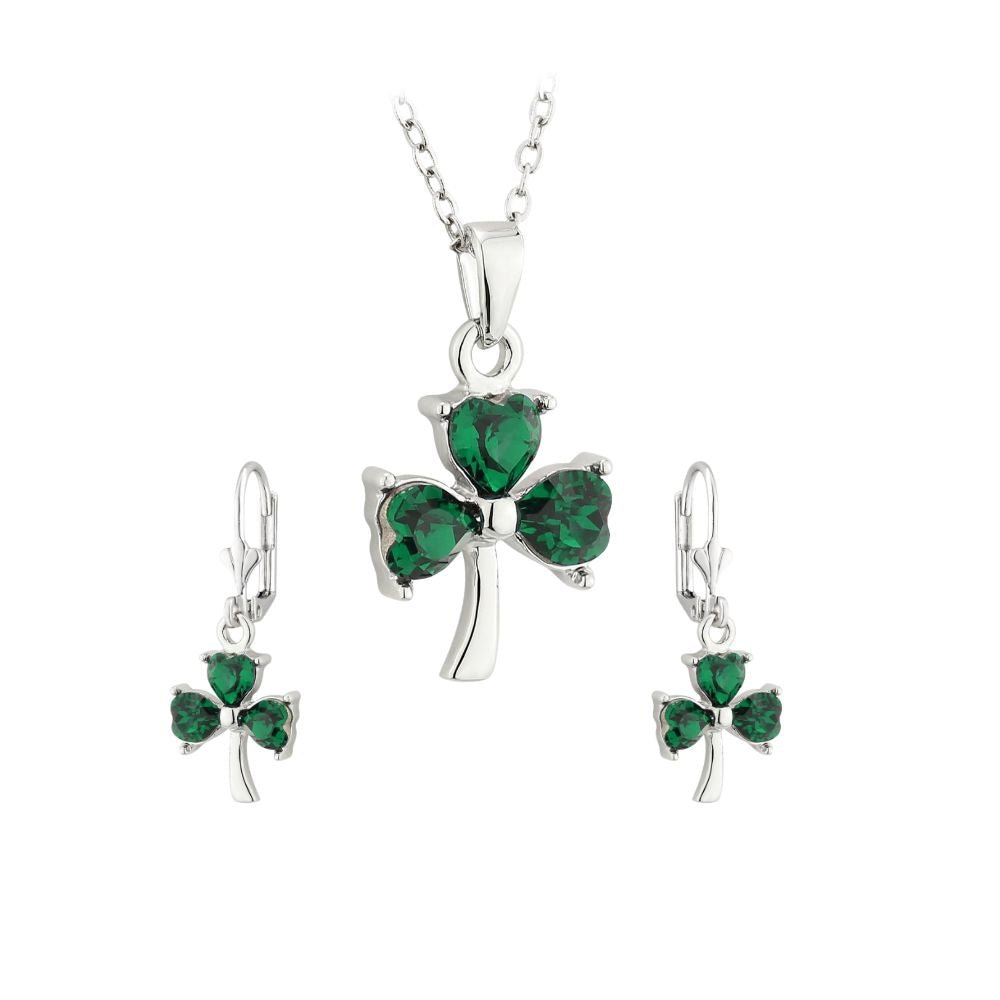 Sterling Silver Green Cubic Zirconia Shamrock Drop Earrings