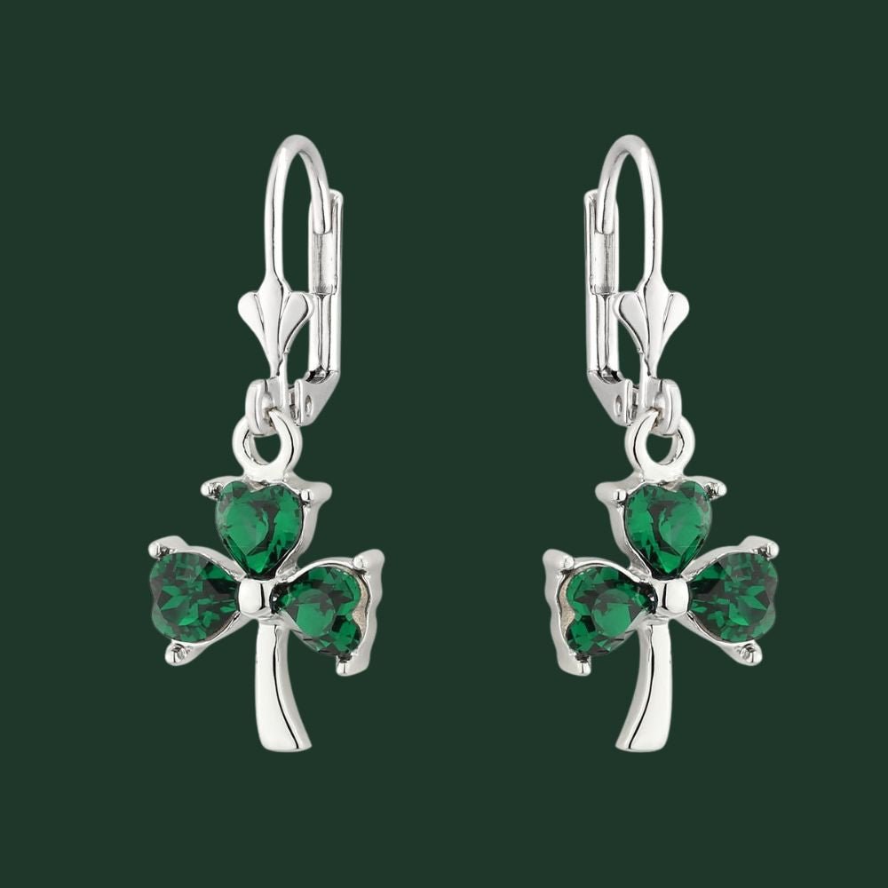 Sterling Silver Green Cubic Zirconia Shamrock Drop Earrings