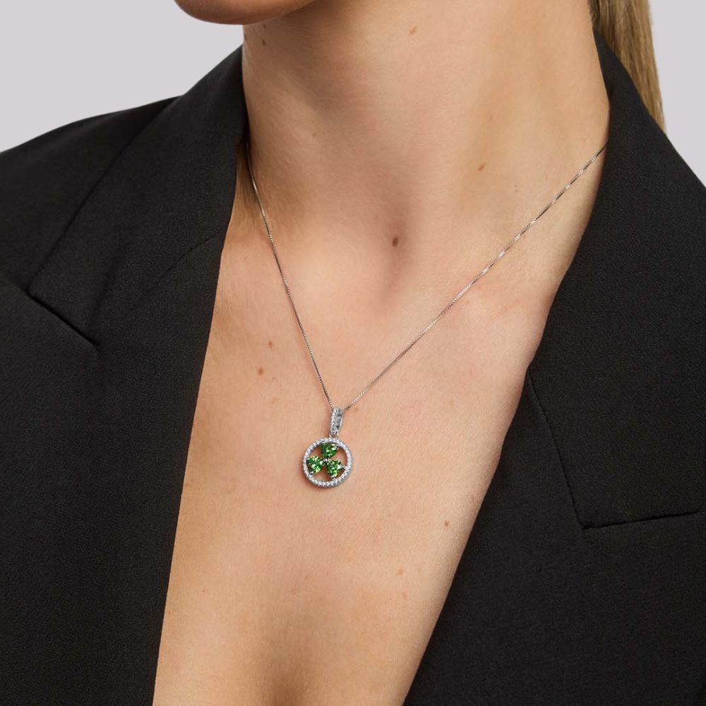 Sterling Silver Green Cubic Zirconia Shamrock Necklace