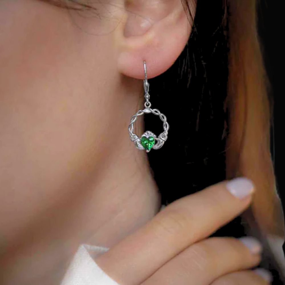 Sterling Silver Green CZ Claddagh Drop Earrings