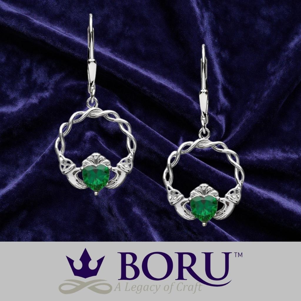 Sterling Silver Green CZ Claddagh Drop Earrings