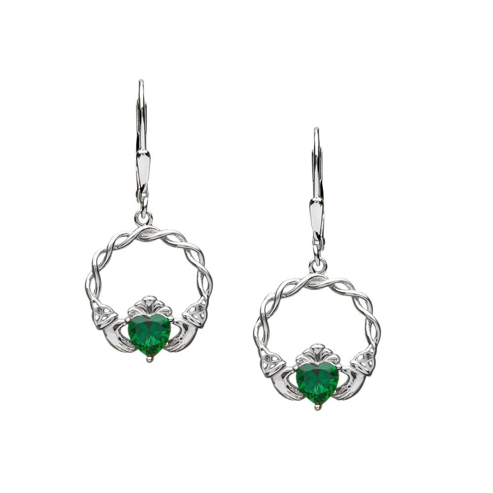Sterling Silver Green CZ Claddagh Drop Earrings
