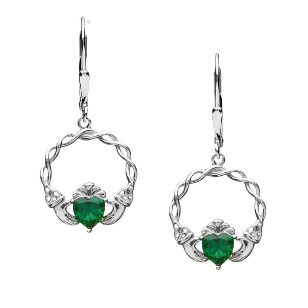 Sterling Silver Green CZ Claddagh Drop Earrings