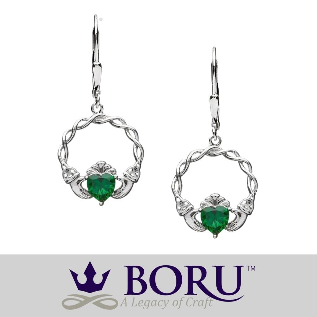 Sterling Silver Green CZ Claddagh Drop Earrings
